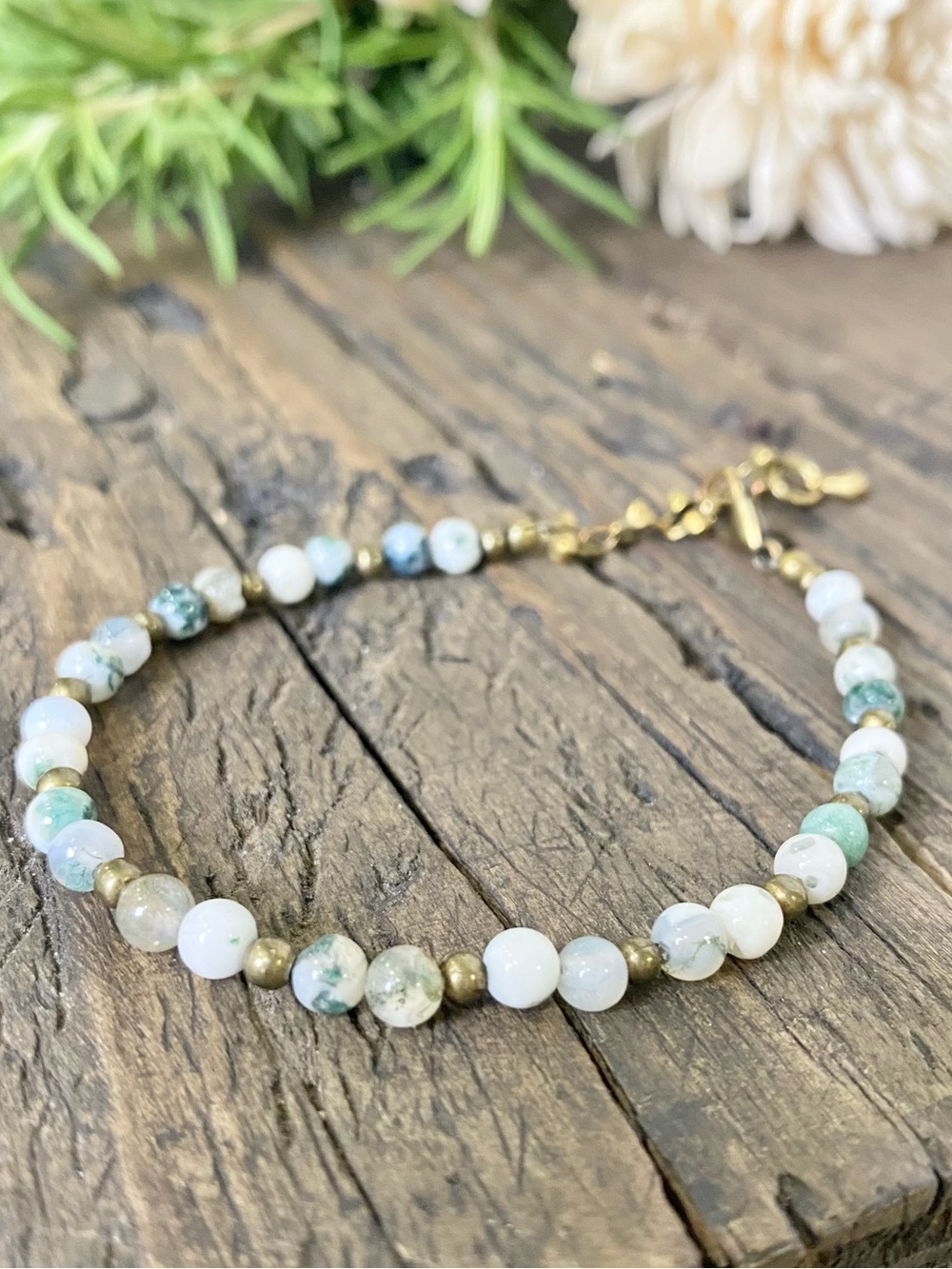 Tiny Green and White Beaded Bracelet on Bronze Chain